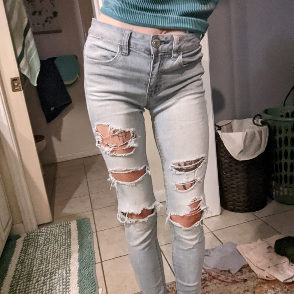 American eagle ripped distressed skinny jeans light wash